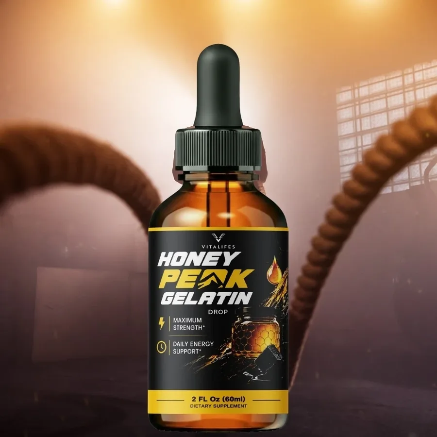 Honey Peak Gelatin bottle in a gym with battle ropes in the background