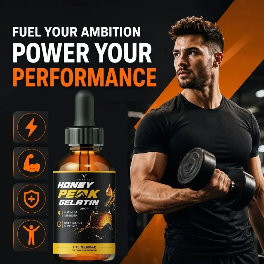 Man holding a dumbbell beside a bottle of Honey Peak Gelatin, with the words Fuel your ambition