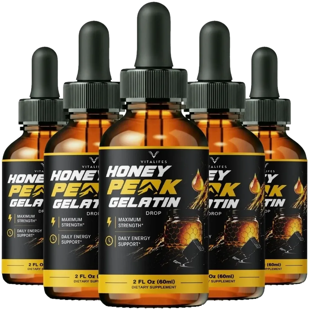 Five bottles of Honey Peak Gelatin lined up